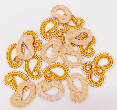 5 Paisley Appliques In Yellow Seed Beads and Rhinestones, Gold Paisley Appliques, Beaded Applique